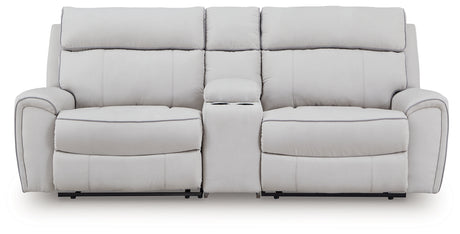 Social Pointe Pearl/Ash 3-Piece Power Reclining Loveseat with Console from Ashley - Luna Furniture