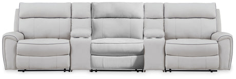 Social Pointe Pearl/Ash 5-Piece Reclining Sectional with Storage Consoles from Ashley Furniture - Luna Furniture