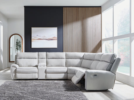 Social Pointe Pearl/Ash 6-Piece Power Reclining Sectional with Storage Console from Ashley - Luna Furniture