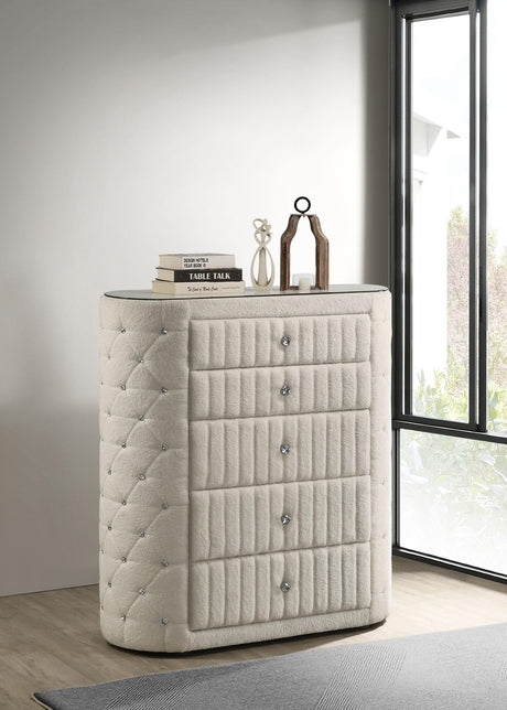 Sonya Ivory 5-Drawer Upholstered Bedroom Chest of Drawers from Coaster - Luna Furniture