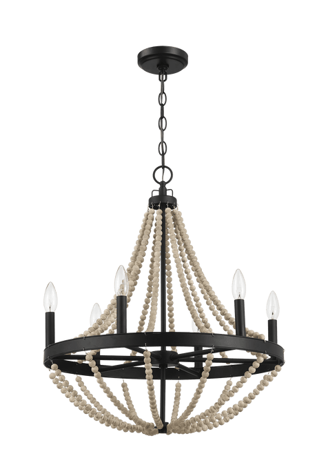 Starry Wood Chandelier Farmhouse Six Candle Light Wood Beaded Black Pendant Light for Dining Room from Midinmod - Luna Furniture