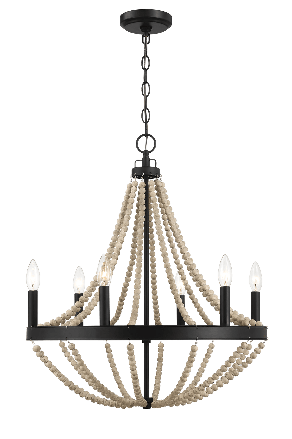 Starry Wood Chandelier Farmhouse Six Candle Light Wood Beaded Black Pendant Light for Dining Room from Midinmod - Luna Furniture