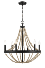 Starry Wood Chandelier Farmhouse Six Candle Light Wood Beaded Black Pendant Light for Dining Room from Midinmod - Luna Furniture