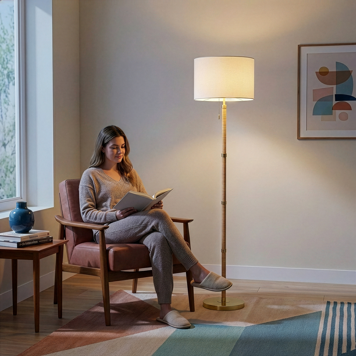Stellar Wood Rattan Tube , Gold Brass Metal and White Linen Shade Floor Lamp from Ashcroft Furniture - Luna Furniture