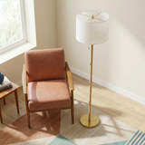 Stellar Wood Rattan Tube , Gold Brass Metal and White Linen Shade Floor Lamp from Ashcroft Furniture - Luna Furniture