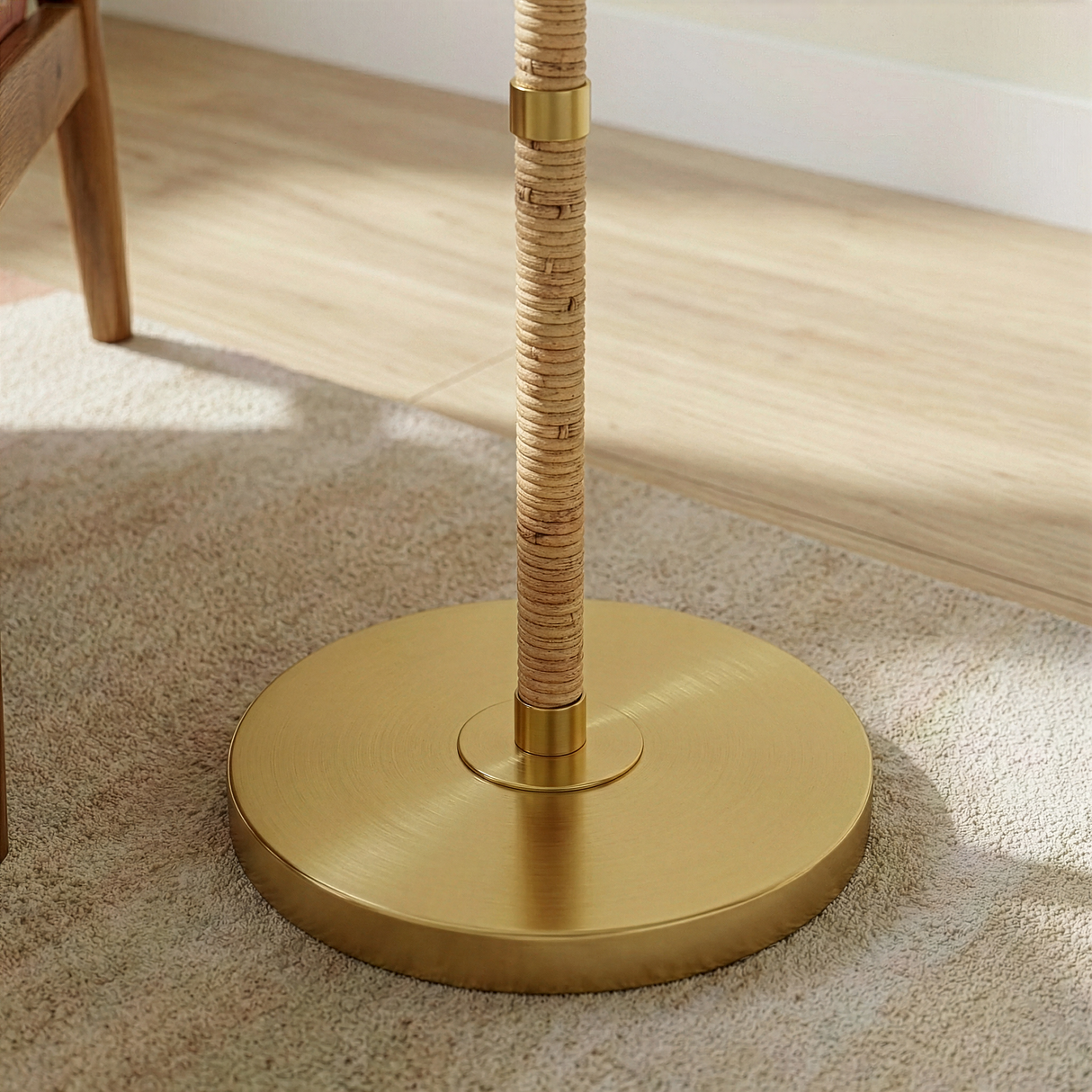 Stellar Wood Rattan Tube , Gold Brass Metal and White Linen Shade Floor Lamp from Ashcroft Furniture - Luna Furniture