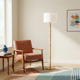 Stellar Wood Rattan Tube , Gold Brass Metal and White Linen Shade Floor Lamp from Ashcroft Furniture - Luna Furniture