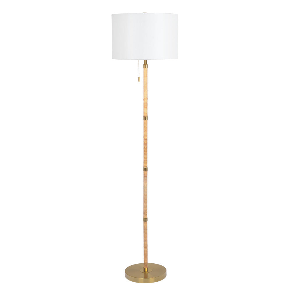 Stellar Wood Rattan Tube , Gold Brass Metal and White Linen Shade Floor Lamp from Midinmod - Luna Furniture