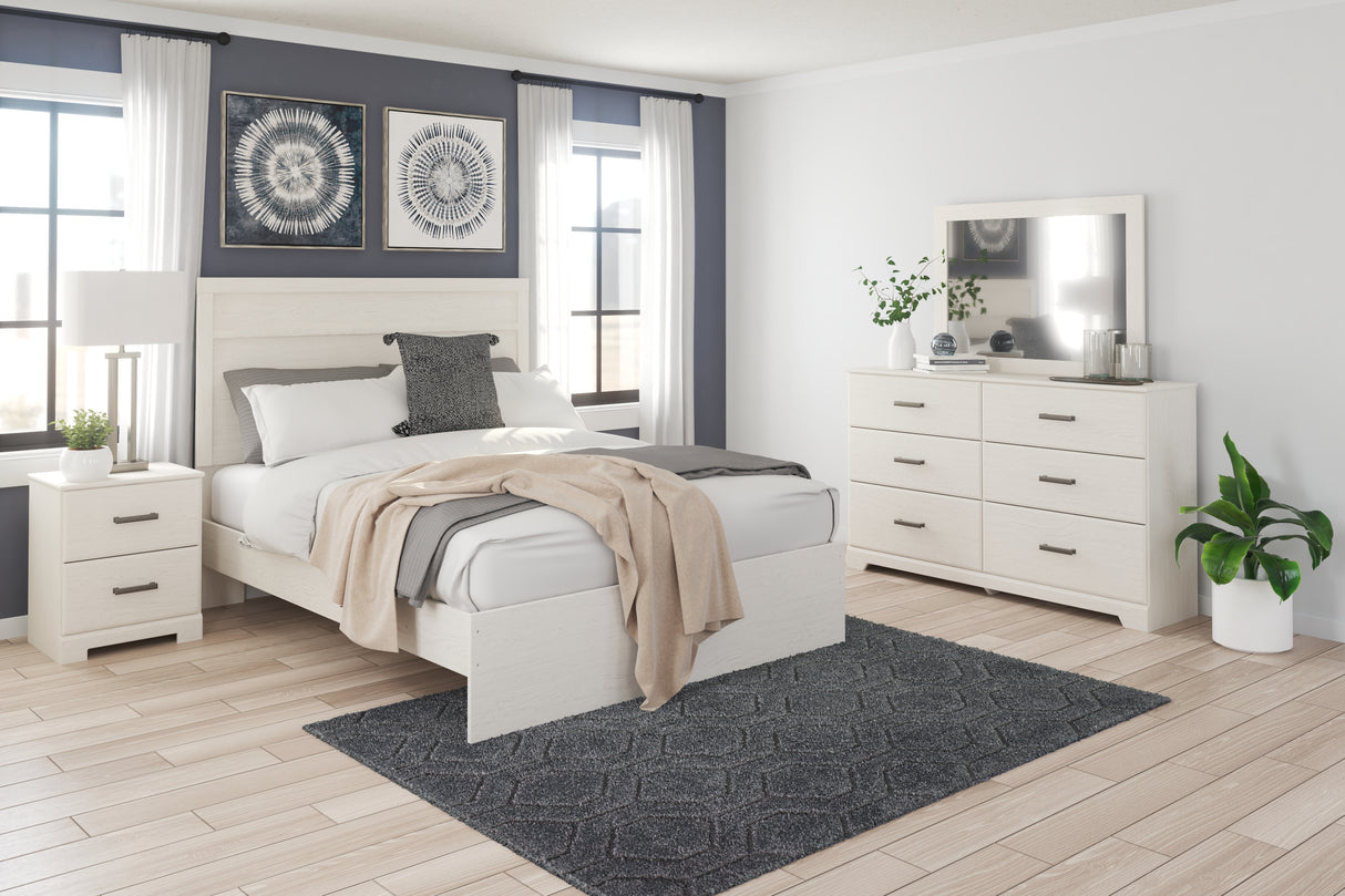 Stelsie Queen Panel Bed with Mirrored Dresser and Nightstand in White from Ashley Furniture - Luna Furniture