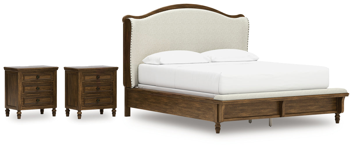 Sturlayne California King Upholstered Panel Bed with 2 Nightstands in Brown from Ashley - Luna Furniture