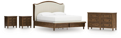 Sturlayne California King Upholstered Panel Bed with Dresser and 2 Nightstands in Brown from Ashley - Luna Furniture