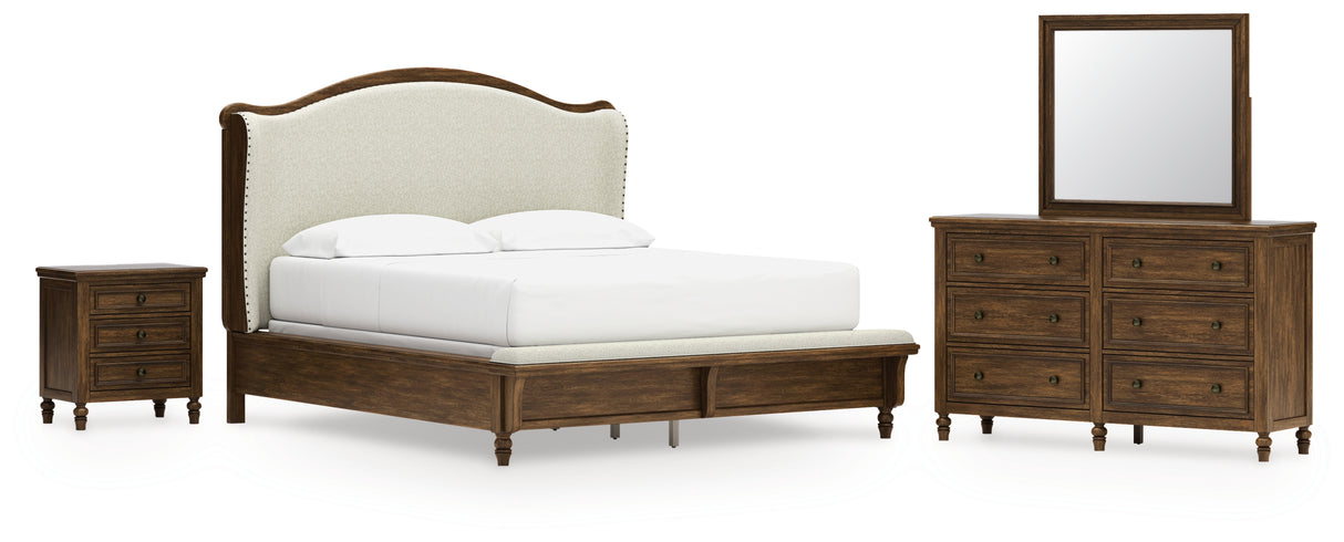 Sturlayne California King Upholstered Panel Bed with Mirrored Dresser and Nightstand in Brown from Ashley - Luna Furniture