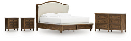 Sturlayne King Upholstered Panel Bed with Dresser and 2 Nightstands in Brown from Ashley - Luna Furniture