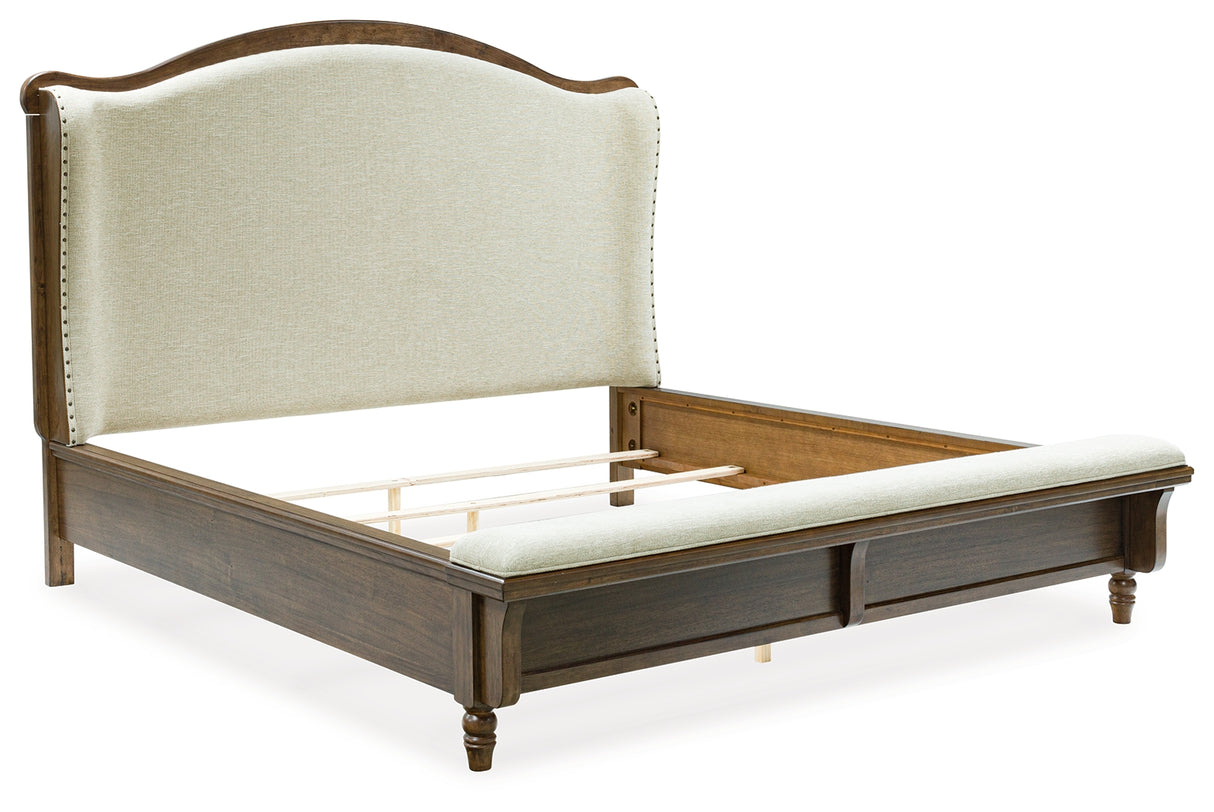 Sturlayne King Upholstered Panel Bed with Mirrored Dresser and 2 Nightstands in Brown from Ashley - Luna Furniture