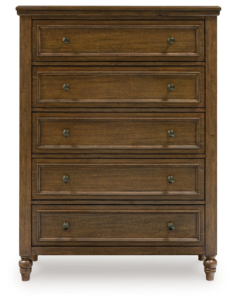 Sturlayne King Upholstered Panel Bed with Mirrored Dresser, Chest and 2 Nightstands in Brown from Ashley - Luna Furniture