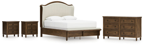Sturlayne Queen Upholstered Panel Bed with Dresser and 2 Nightstands in Brown from Ashley - Luna Furniture