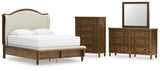 Sturlayne Queen Upholstered Panel Bed with Mirrored Dresser and Chest in Brown from Ashley - Luna Furniture