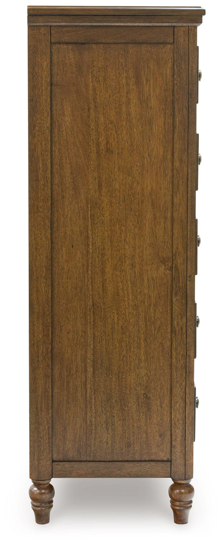 Sturlayne Queen Upholstered Panel Bed with Mirrored Dresser, Chest and 2 Nightstands in Brown from Ashley - Luna Furniture