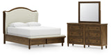 Sturlayne Queen Upholstered Panel Bed with Mirrored Dresser in Brown from Ashley - Luna Furniture