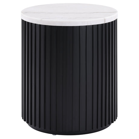 Colvin 18″ Round White Marble Top End Table, Black Finish from Steve Silver - Luna Furniture