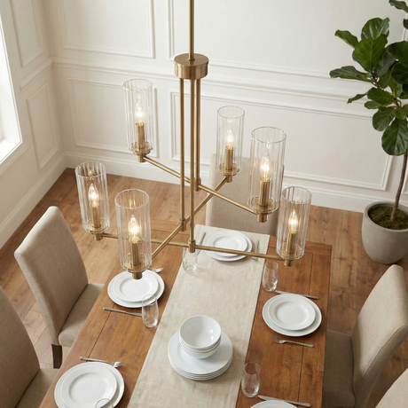 Timeless Six Lights Chandelier With Clear Ribbed Glass - Satin Brass from Ashcroft Furniture - Luna Furniture