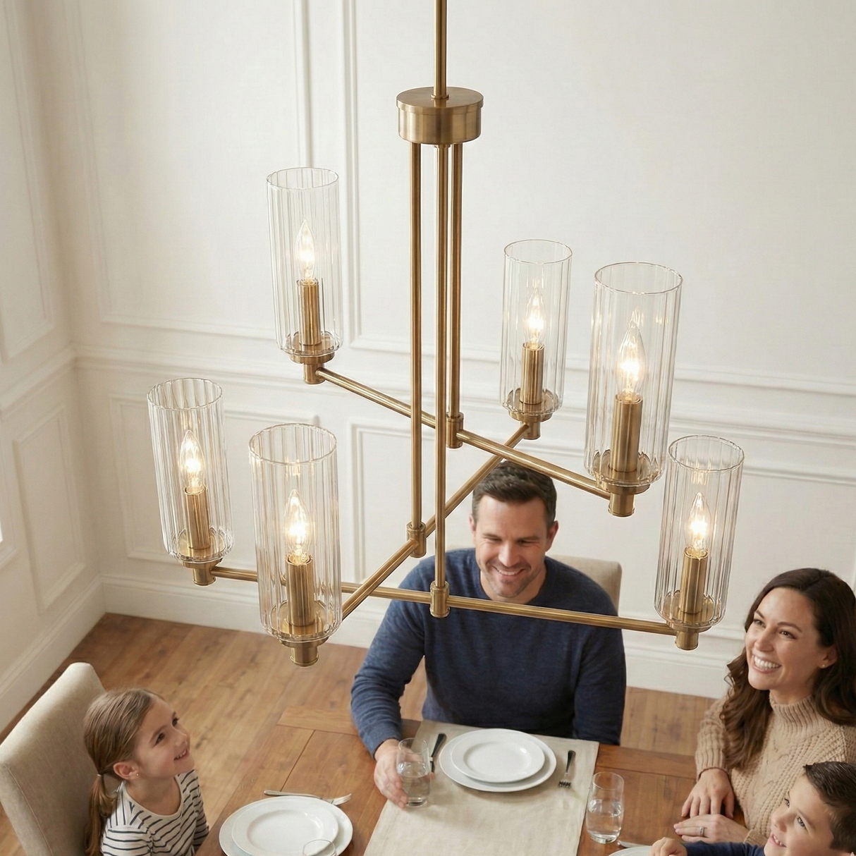 Timeless Six Lights Chandelier With Clear Ribbed Glass - Satin Brass from Ashcroft Furniture - Luna Furniture