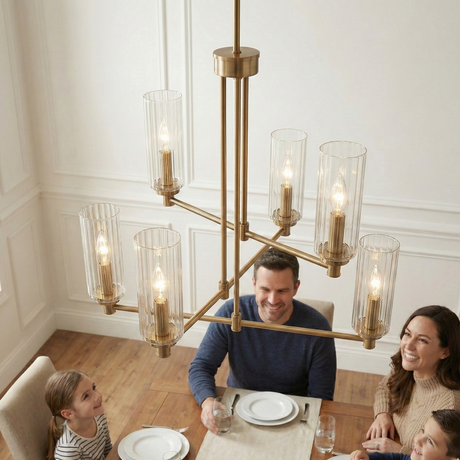 Timeless Six Lights Chandelier With Clear Ribbed Glass - Satin Brass from Ashcroft Furniture - Luna Furniture
