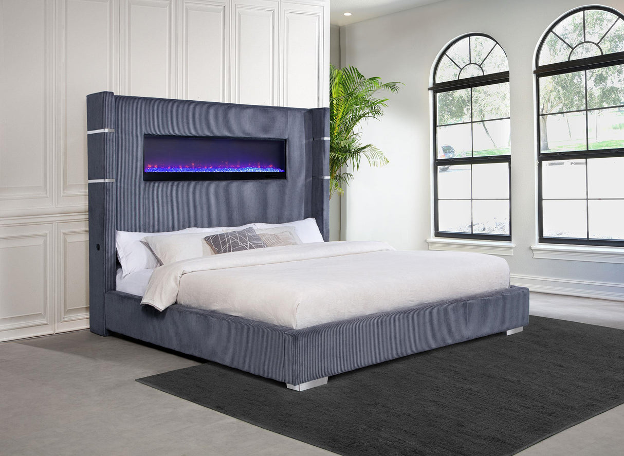Tisdall Gray 67-inch Upholstered Eastern King Fireplace Bed from Coaster - Luna Furniture