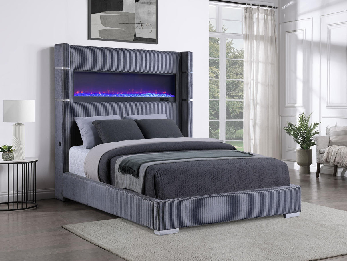 Tisdall Gray 67-inch Upholstered Queen Fireplace Bed from Coaster - Luna Furniture
