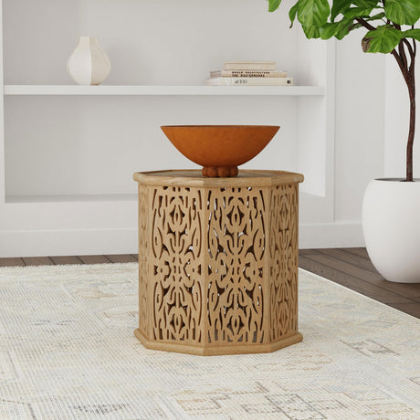 Torres Natural Brown Octagonal Solid Wood Side Table with Intricate Openwork Carvings from Coaster - Luna Furniture