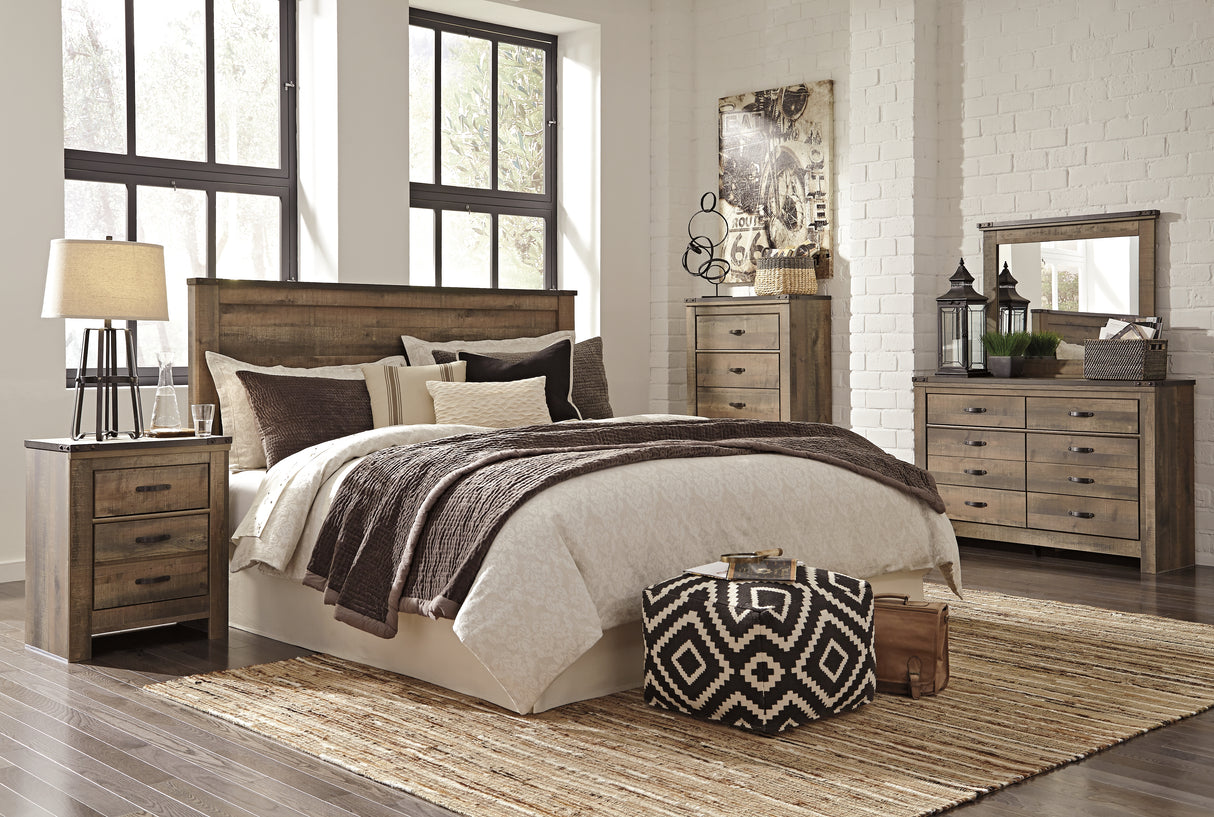 Trinell Brown King/California King Panel Headboard Bed with Mirrored Dresser and Chest from Ashley Furniture - Luna Furniture