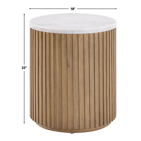 Colvin 18″ Round White Marble Top End Table, Toffee Finish from Steve Silver - Luna Furniture