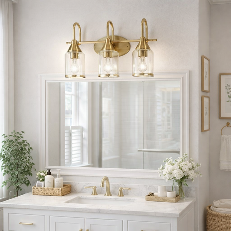 Twilight Three Lights Brushed Gold Contemporary Vanity Light 22"W × 10"H × 7.48"E with Clear Glass from Ashcroft Furniture - Luna Furniture