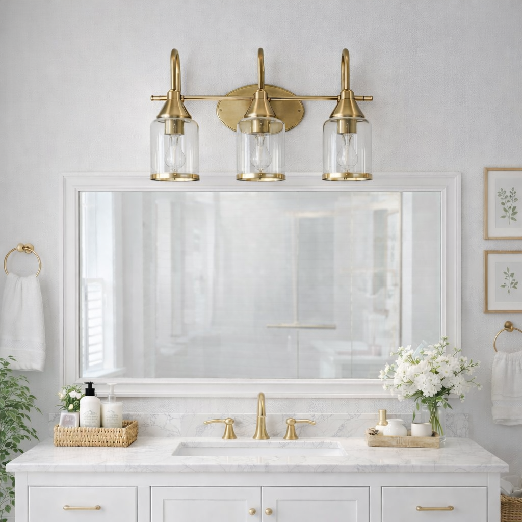 Twilight Three Lights Brushed Gold Contemporary Vanity Light 22"W × 10"H × 7.48"E with Clear Glass from Ashcroft Furniture - Luna Furniture