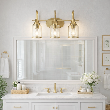 Twilight Three Lights Brushed Gold Contemporary Vanity Light 22"W × 10"H × 7.48"E with Clear Glass from Ashcroft Furniture - Luna Furniture