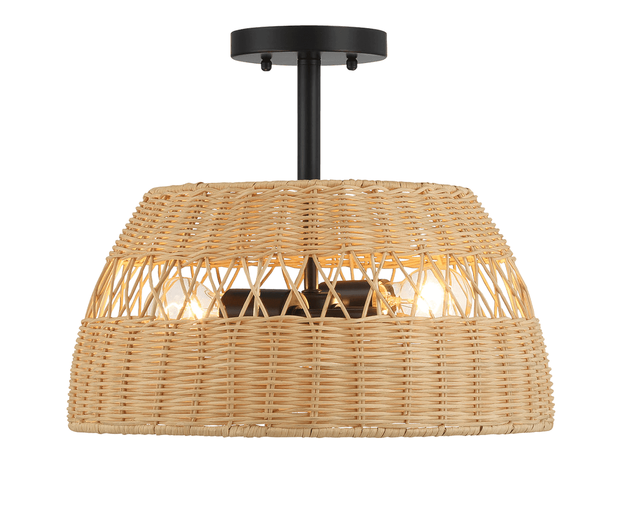 Twinkle Double Lights Semi Flush With Rattan Shade Black Metal Finish for Farmhouse Style from Midinmod - Luna Furniture