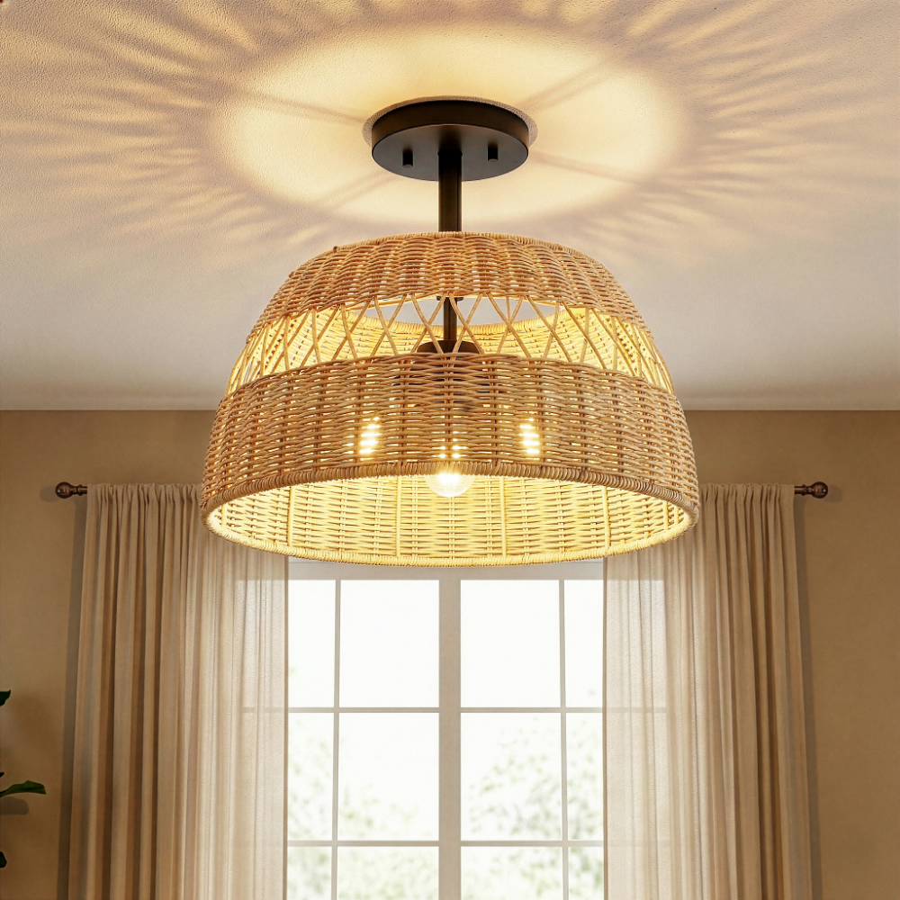 Twinkle Double Lights Semi Flush With Rattan Shade Black Metal Finish for Farmhouse Style from Ashcroft Furniture - Luna Furniture