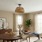 Twinkle Double Lights Semi Flush With Rattan Shade Black Metal Finish for Farmhouse Style from Ashcroft Furniture - Luna Furniture