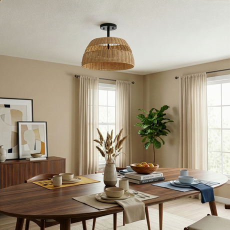 Twinkle Double Lights Semi Flush With Rattan Shade Black Metal Finish for Farmhouse Style from Ashcroft Furniture - Luna Furniture