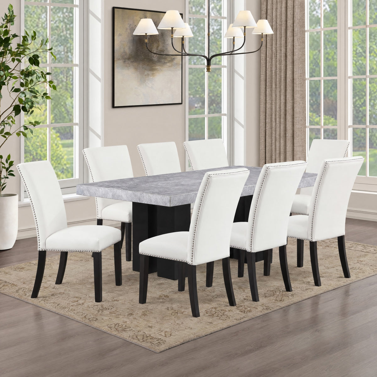 Artemis Gray Rectangle Marble Top 9-Piece Dining Set with White Vegan Leather Chairs
