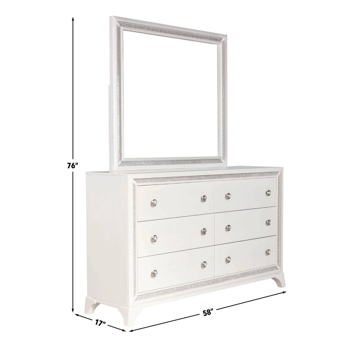Cassie Illuminating Glam Dresser and Mirror, Shimmering Pearl Finish from Steve Silver - Luna Furniture