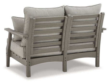 Visola Outdoor Loveseat with Coffee Table in Gray from Ashley Furniture - Luna Furniture