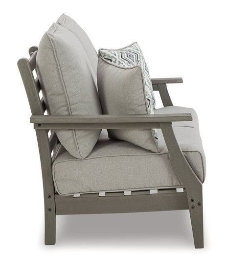 Visola Outdoor Loveseat with Coffee Table in Gray from Ashley Furniture - Luna Furniture