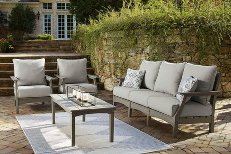 Visola Outdoor Sofa and 2 Chairs with Coffee Table in Gray from Ashley - Luna Furniture