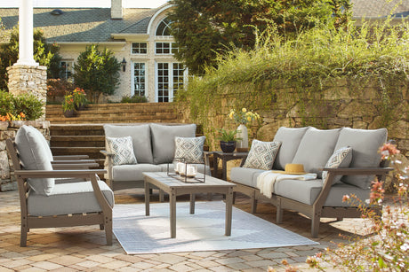 Visola Outdoor Sofa and Loveseat with 2 Lounge Chairs and End Table in Gray from Ashley - Luna Furniture
