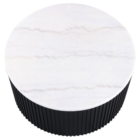 Colvin 36″ Round Castered White Marble Top Coffee Table, Black Finish from Steve Silver - Luna Furniture
