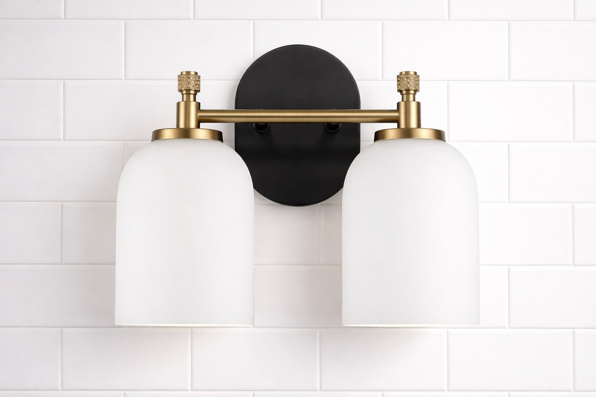 Vortex Two Lights Vanity in Traditional Style for Over Bathroom Mirror Wall Sconce 12.25"W × 10.125"H × 5.5"E With White Frosted Glass from Ashcroft Furniture - Luna Furniture