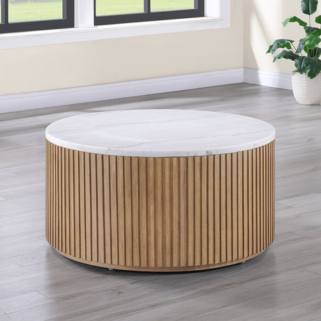 Colvin 36″ Round Castered White Marble Top Coffee Table, Toffee Finish from Steve Silver - Luna Furniture