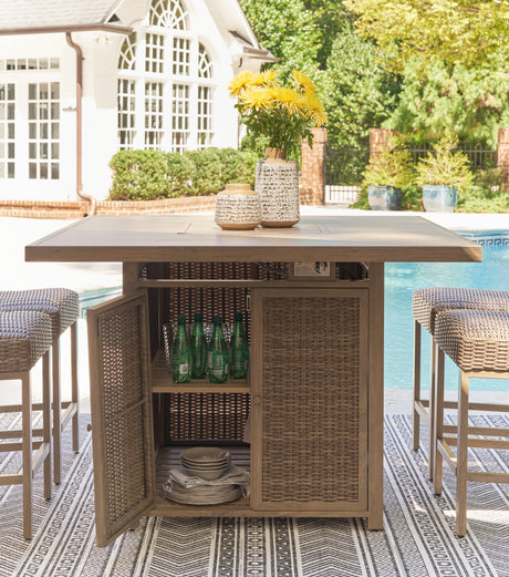 Walton Bridge Outdoor Bar Table and 4 Barstools in Driftwood from Ashley - Luna Furniture