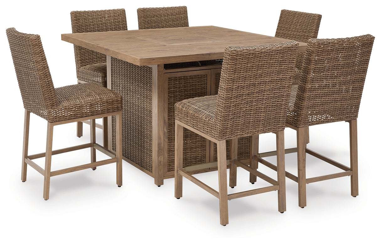 Walton Bridge Outdoor Fire Pit Table and 6 Barstools in Driftwood from Ashley - Luna Furniture